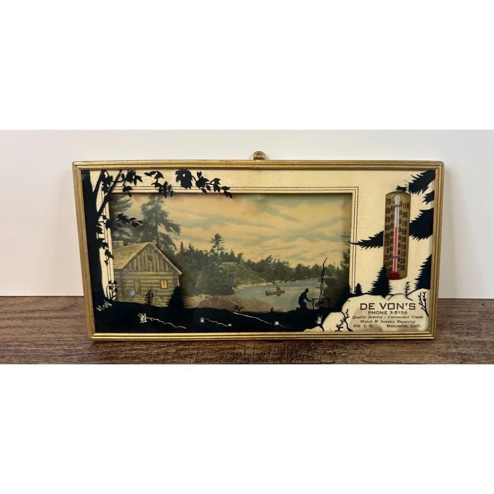 Vtg Advertising Thermometer Reverse Painted Scene De Von's Jewelry California